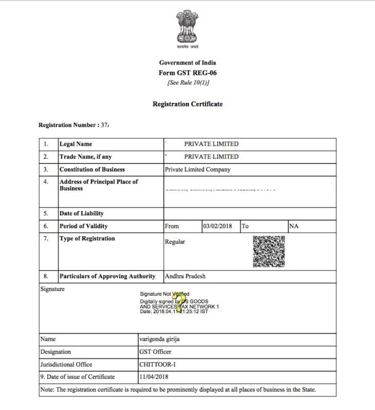 GST Registration Certificate Sample
