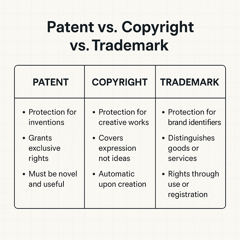 Comparison Patent vs Copyright vs Trademark