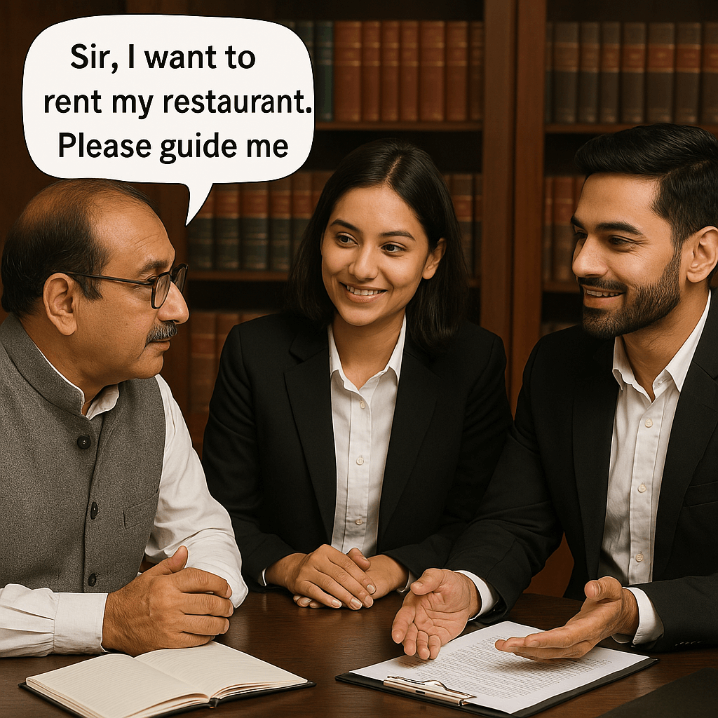 A businessman consulting with LegalMate's Lawyer for rent a buisness in India
