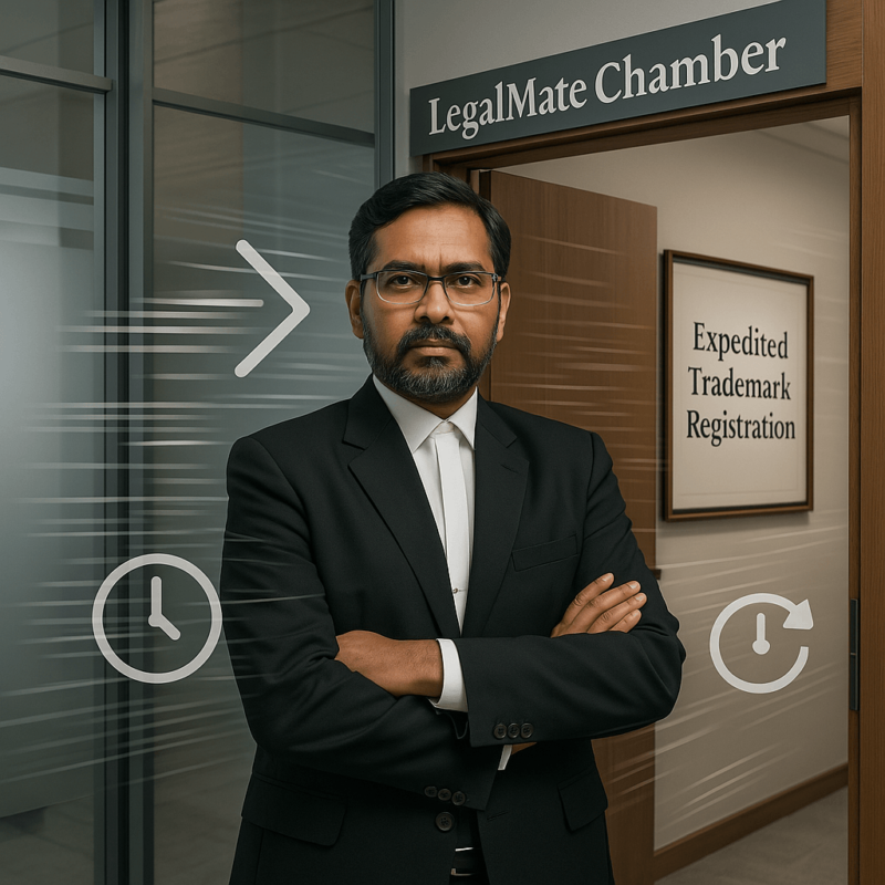 A Trademark lawyer from LegalMate standing out with poster Expedited Trademark Registration