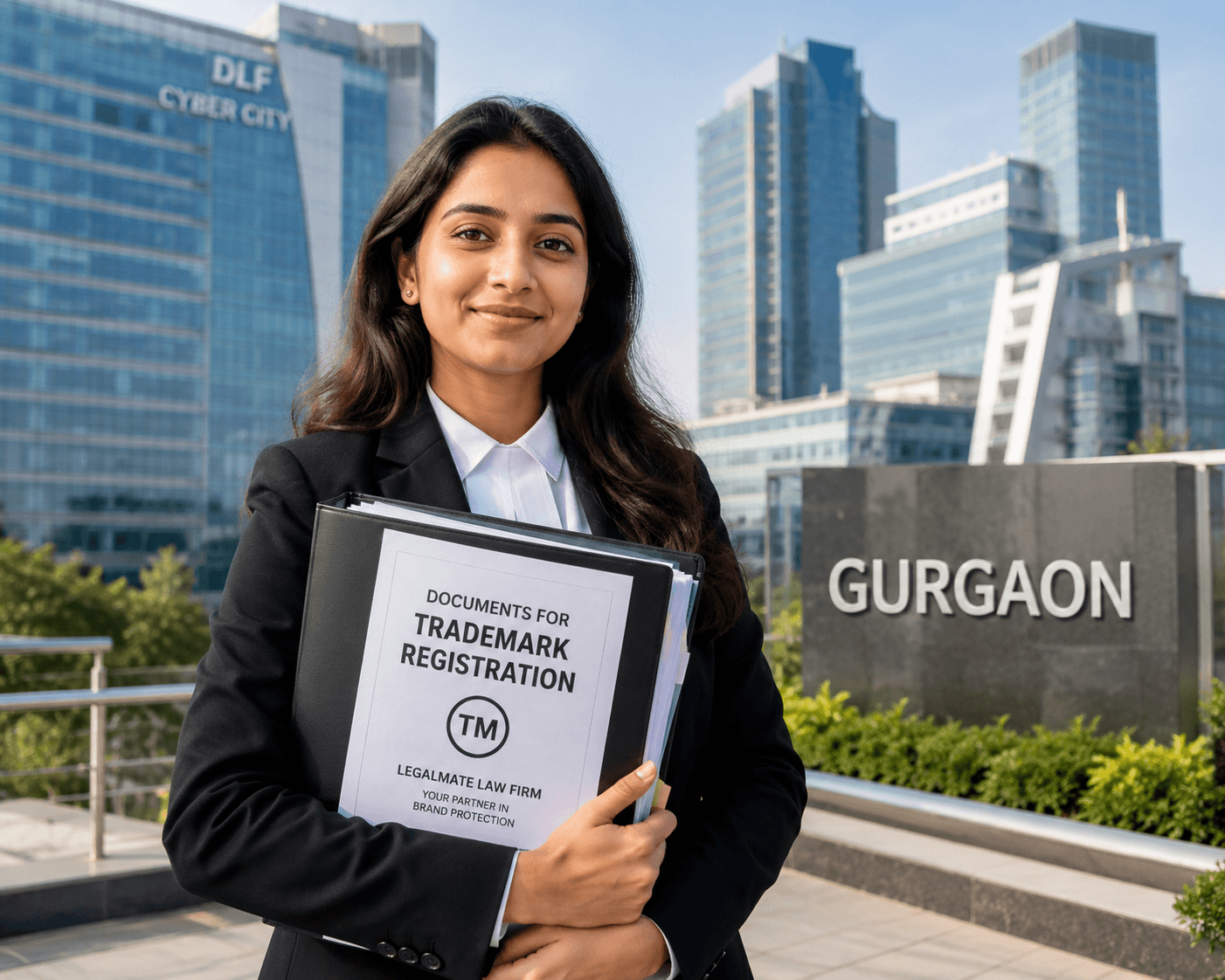 A trademark female lawyer holding file of documents for trademark registration