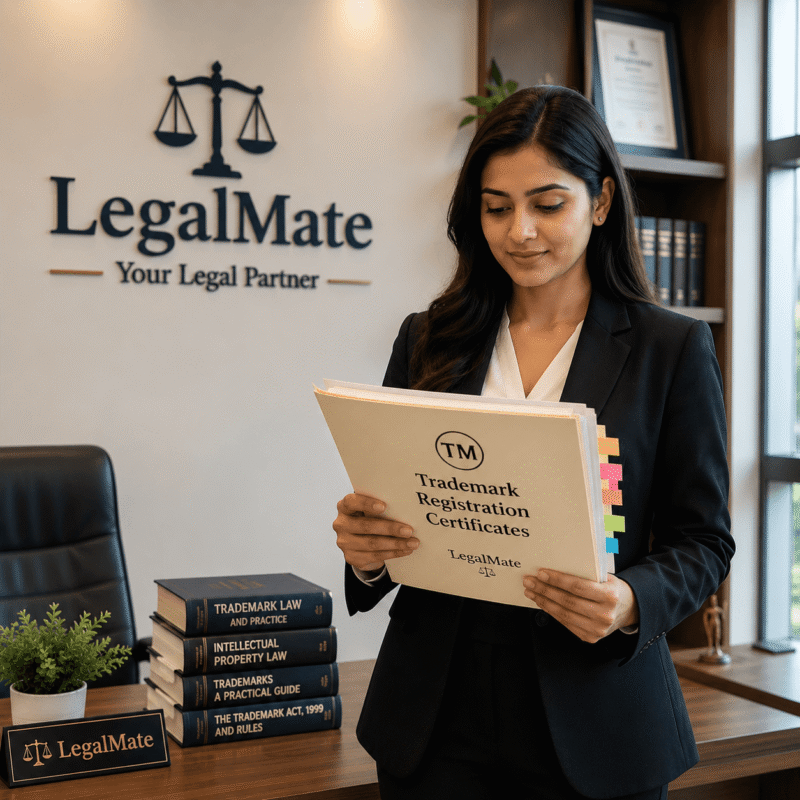A trademark lawyer holding file of TM registration in LegalMate office at Gurugram